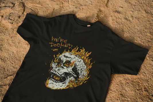 black T-shirt laying on the ground, with a graphic of a burning skull on it, saying "we're doomed"